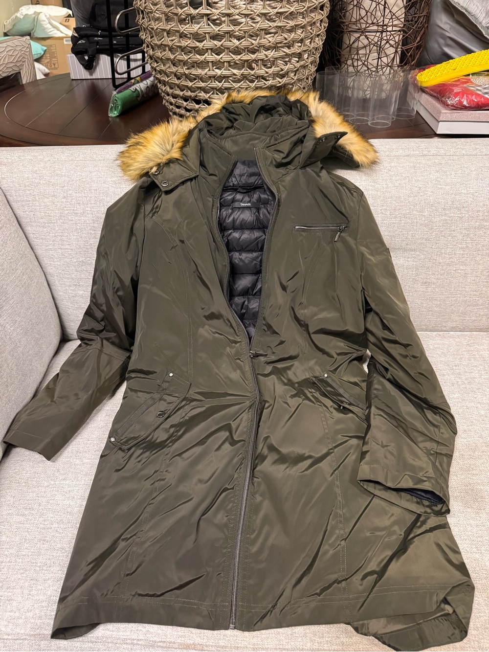 Tahari Olive Green Hooded Puffer Coat with Faux Fur Trim
